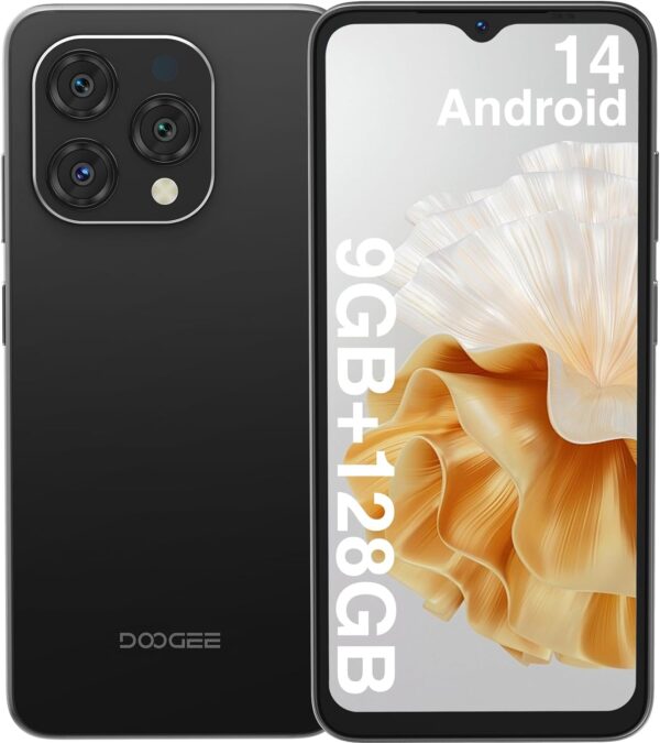 DOOGEE N55 Android 14 Unlocked Cell Phone,9(4+5) GB+128GB Expandable 1TB Android Phone,6.56" HD+ 90Hz Cell Phone,5150mAh Battery,13MP+8MP,Dual SIM 4G Phone,Face Unlock,OTG-Black