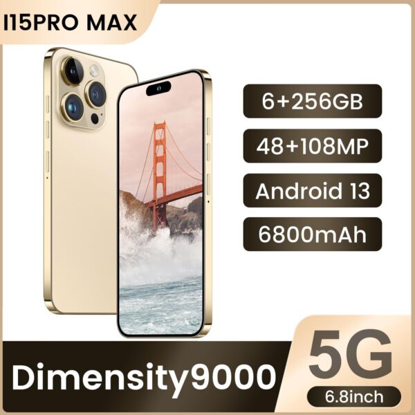 Huness I15 Pro MAX Smartphone Unlocked Cell Phone,Battery 6800mAh 6.8 HD Screen Unlocked Phone,6+256GB Android 13 with 128GB Memory Card,Dual SIM/5G/Fingerprint Lock/Face ID (Gold, 6+256) - Image 2