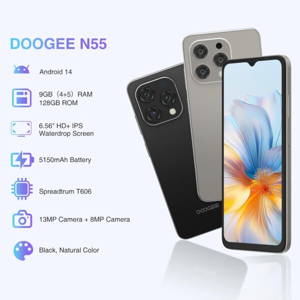 DOOGEE N55 Android 14 Unlocked Cell Phone,9(4+5) GB+128GB Expandable 1TB Android Phone,6.56" HD+ 90Hz Cell Phone,5150mAh Battery,13MP+8MP,Dual SIM 4G Phone,Face Unlock,OTG-Black - Image 2